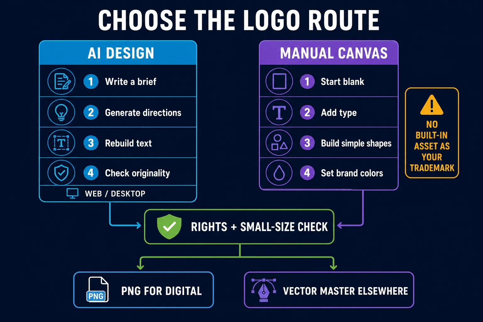 Decision map for creating a CapCut logo with AI Design or a manual canvas before rights checks and PNG or vector delivery