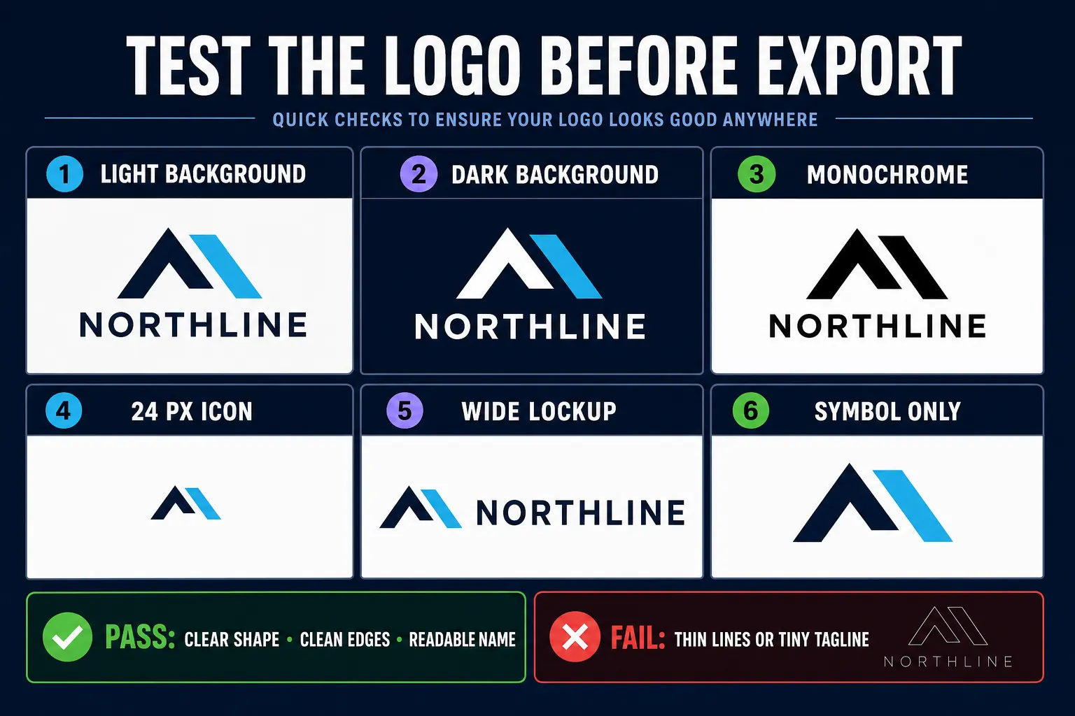 Logo quality tests on light and dark backgrounds, monochrome, 24-pixel icon, wide lockup and symbol-only versions