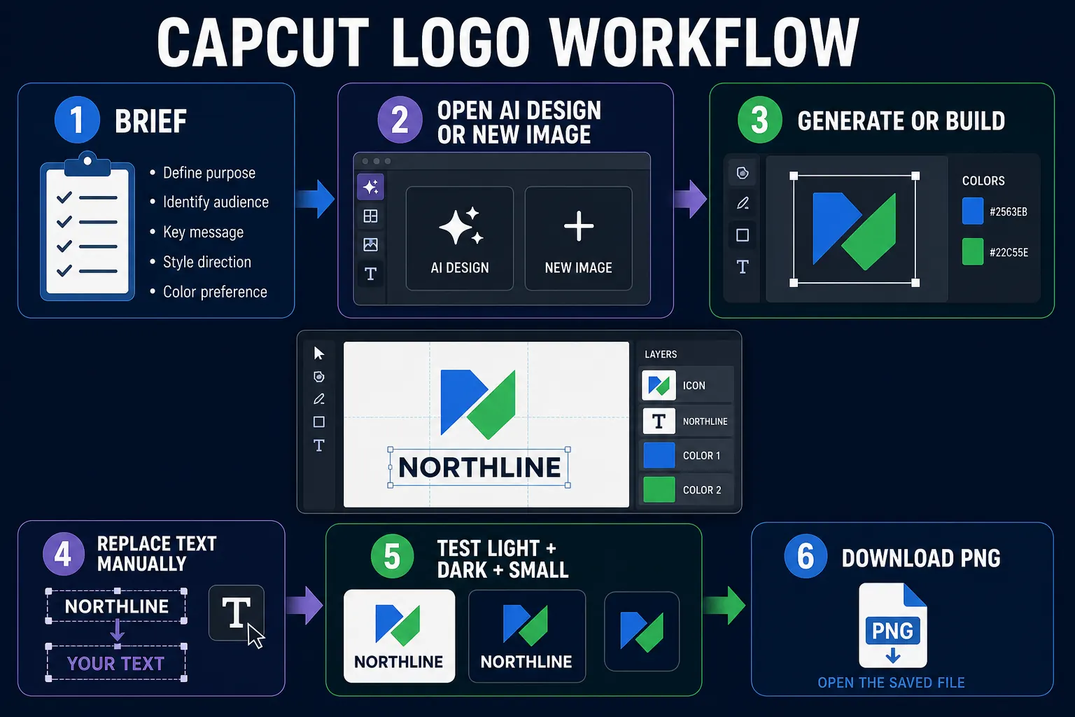 Six-step CapCut logo workflow from brief and AI Design or New Image to manual text, background tests and PNG download