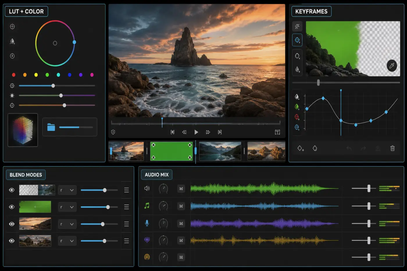 LumaFusion keyframed effects color correction and audio mixing workflow