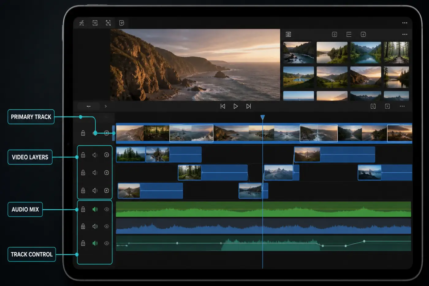 LumaFusion iPad timeline with primary storyline connected clips and audio tracks