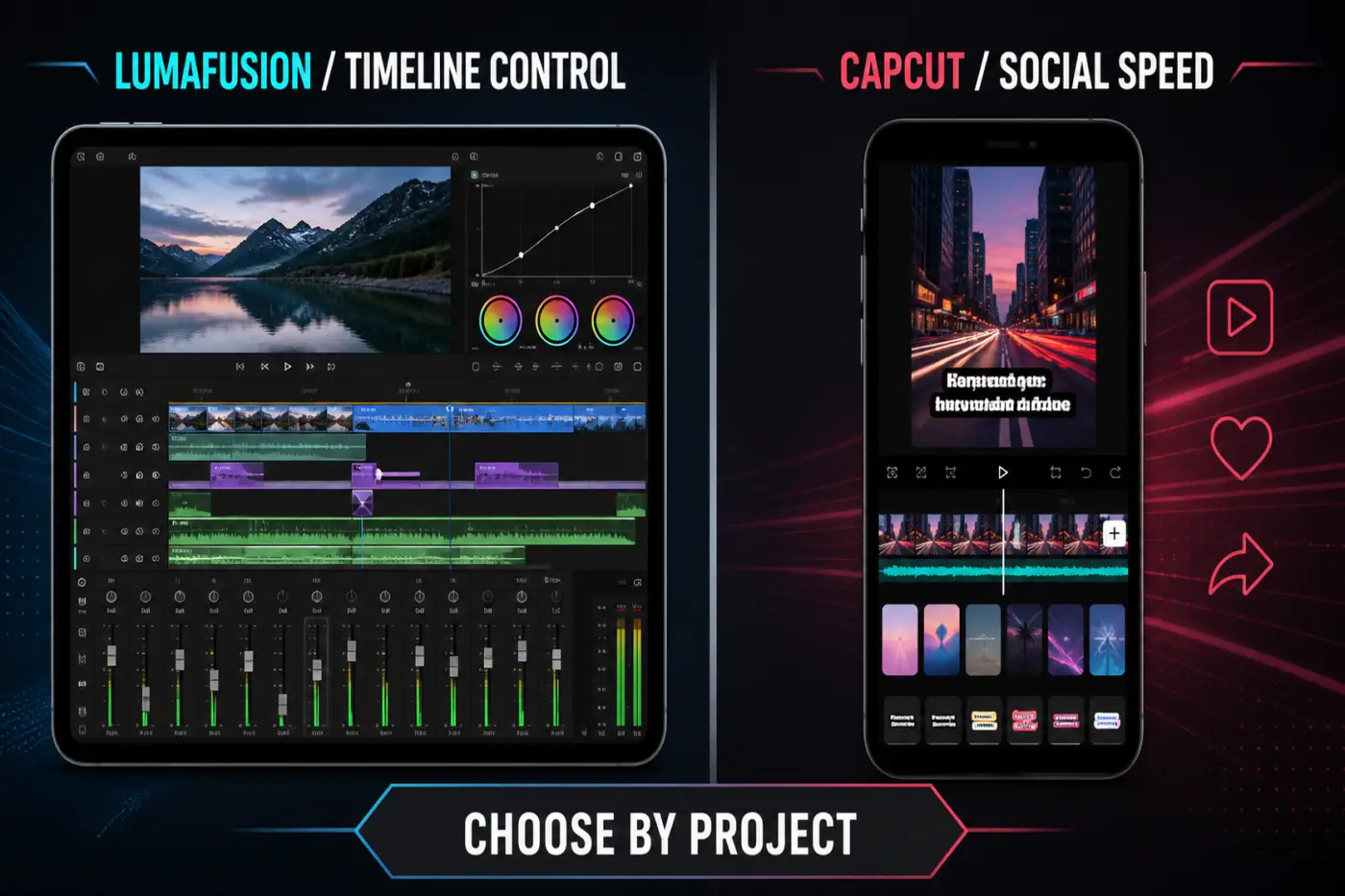 LumaFusion manual multi-track editing compared with CapCut captions templates and social speed