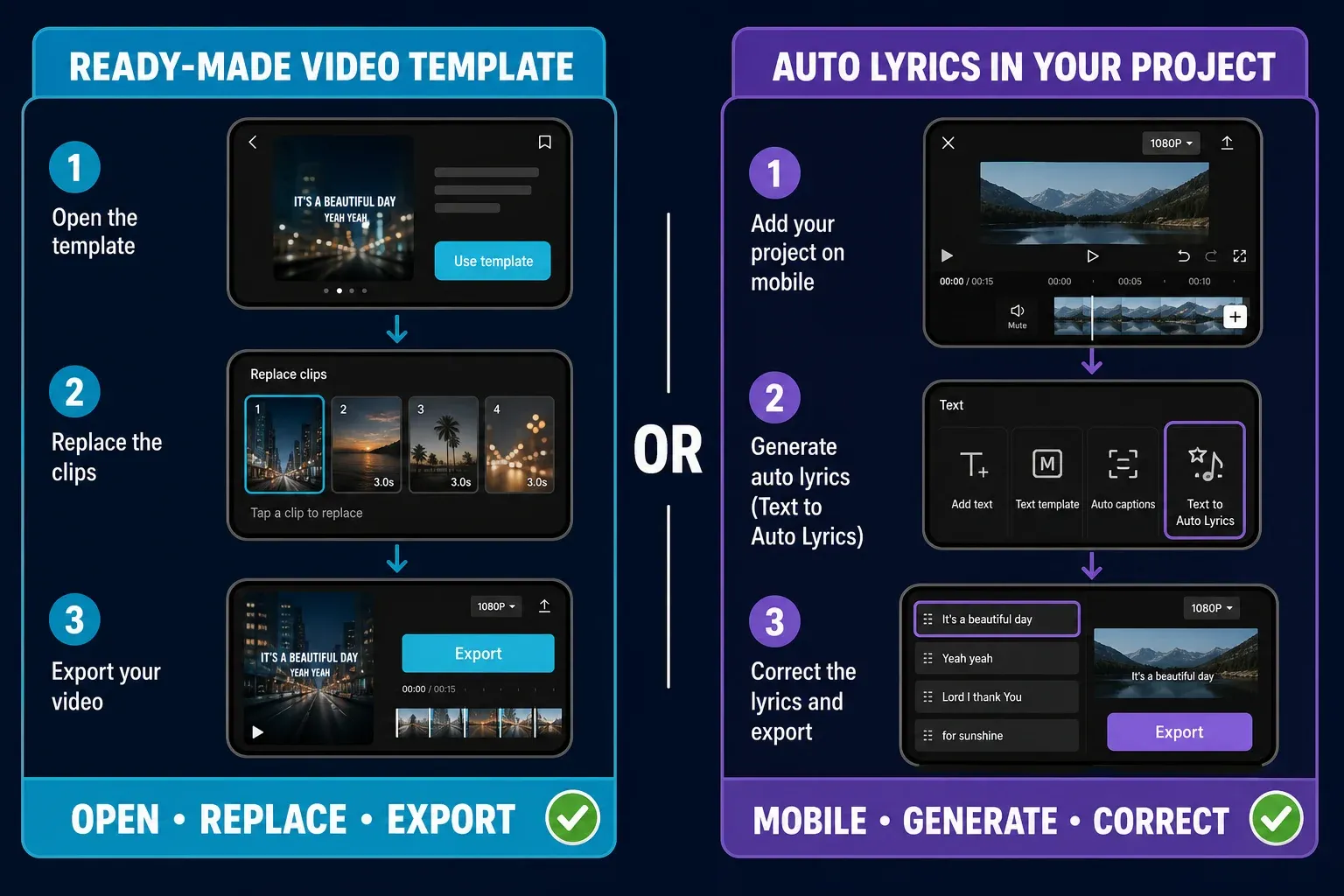 Ready-made CapCut lyric video template compared with Auto Lyrics inside a mobile project