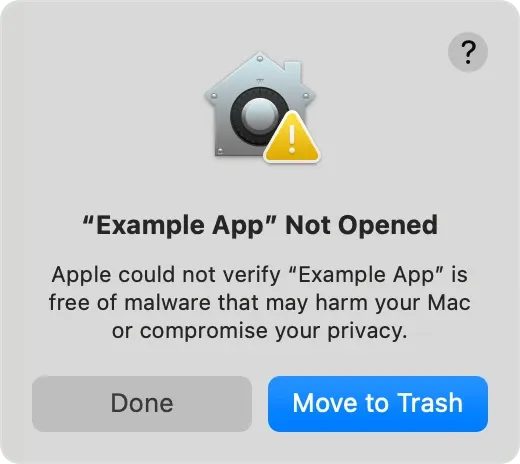 Apple Gatekeeper alert saying it could not verify an example app is free of malware
