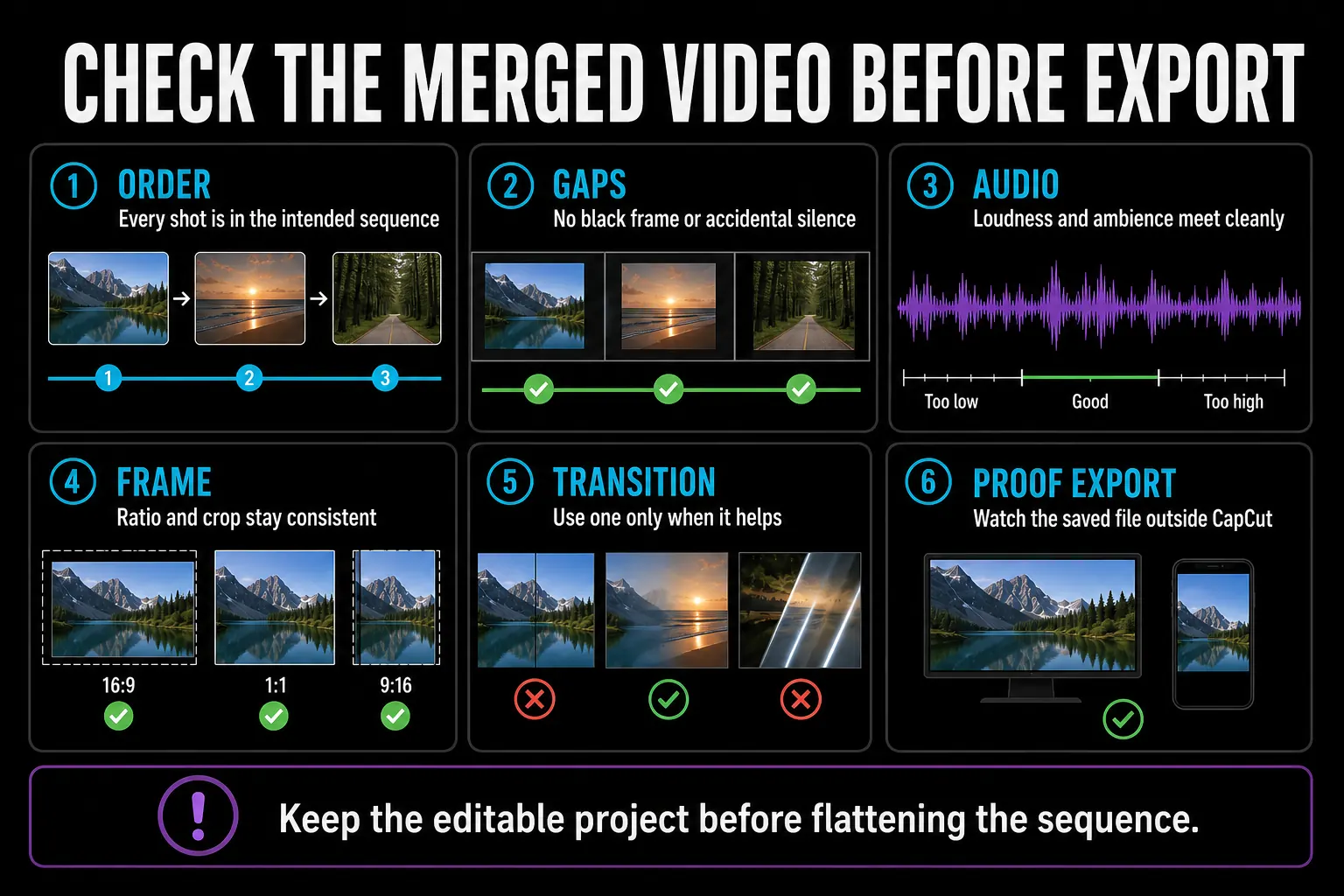 Six checks for clip order, gaps, audio, frame, transitions and export in a merged CapCut video