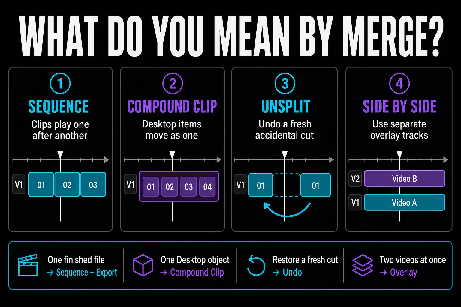 Sequence, Compound Clip, Unsplit and side-by-side video compared for CapCut merging