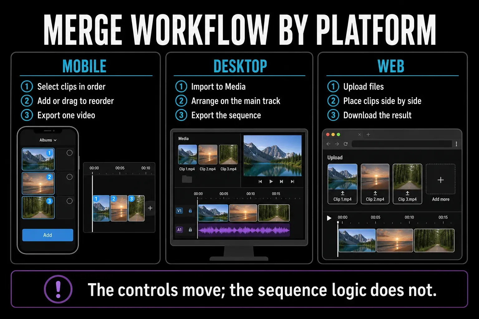 Mobile, Desktop and Web workflows for arranging and exporting merged clips in CapCut