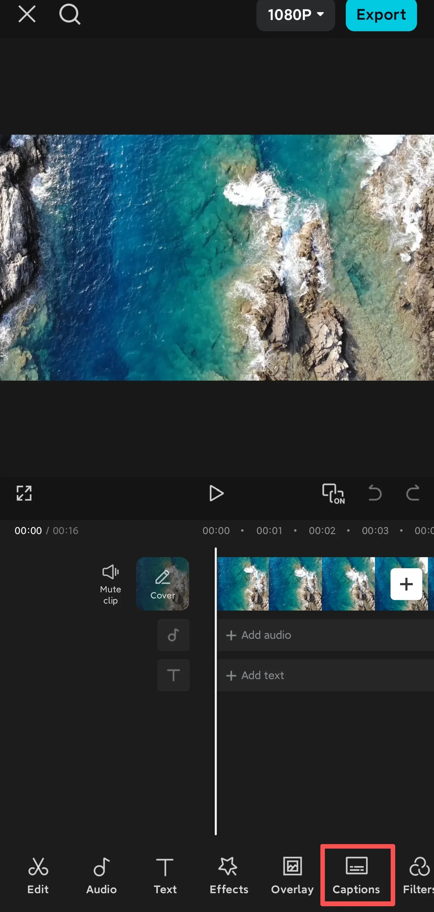 CapCut Mobile editor with the Captions tool highlighted