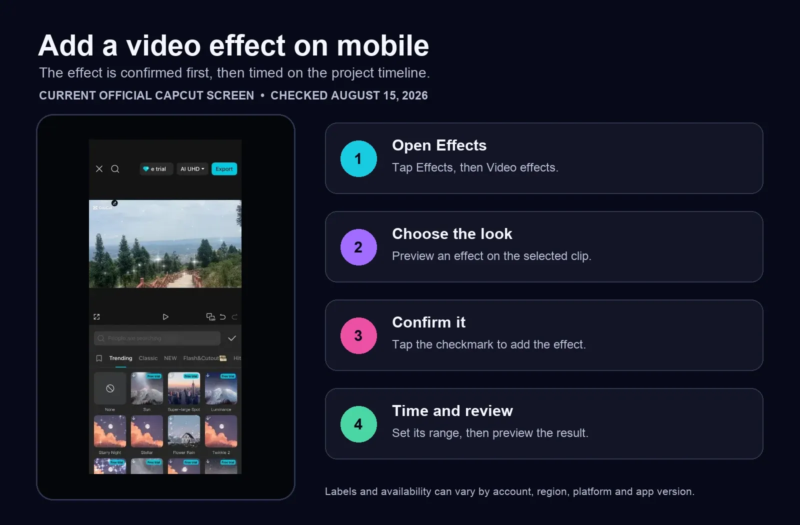 Current CapCut Mobile video effects library with the confirm control and effect presets