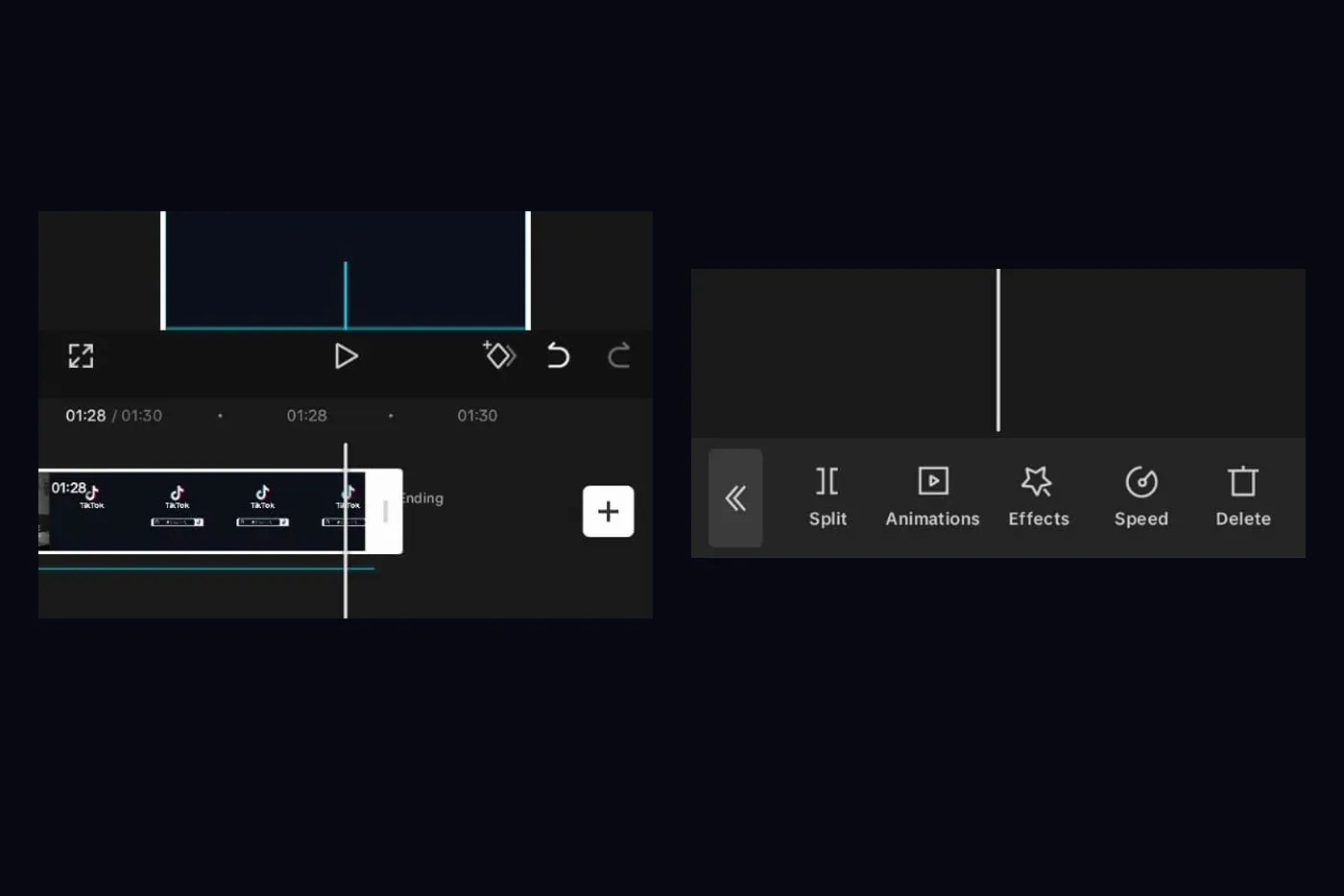 CapCut mobile ending clip selected beside the Delete control