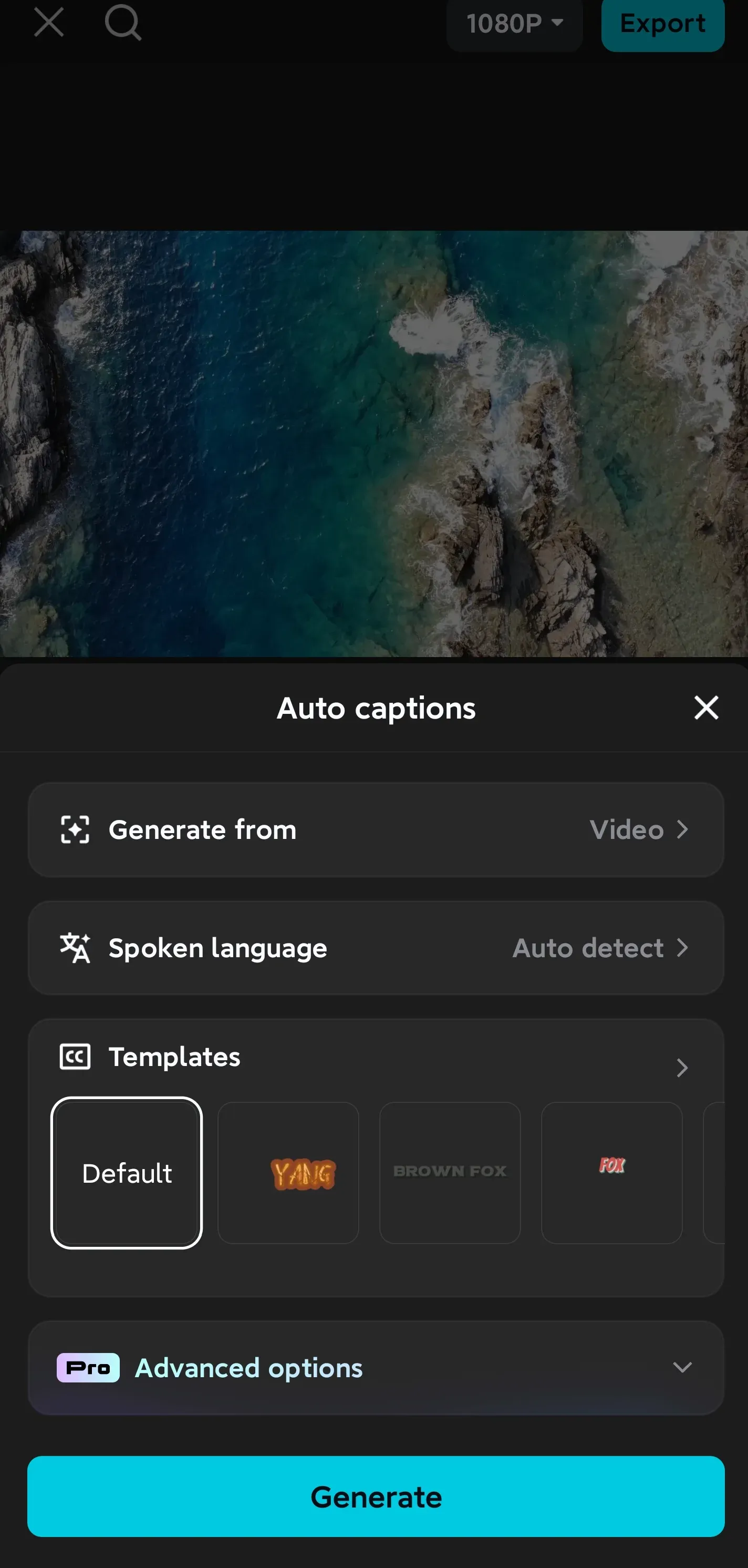 CapCut Mobile Auto Captions sheet with spoken-language and Advanced options controls