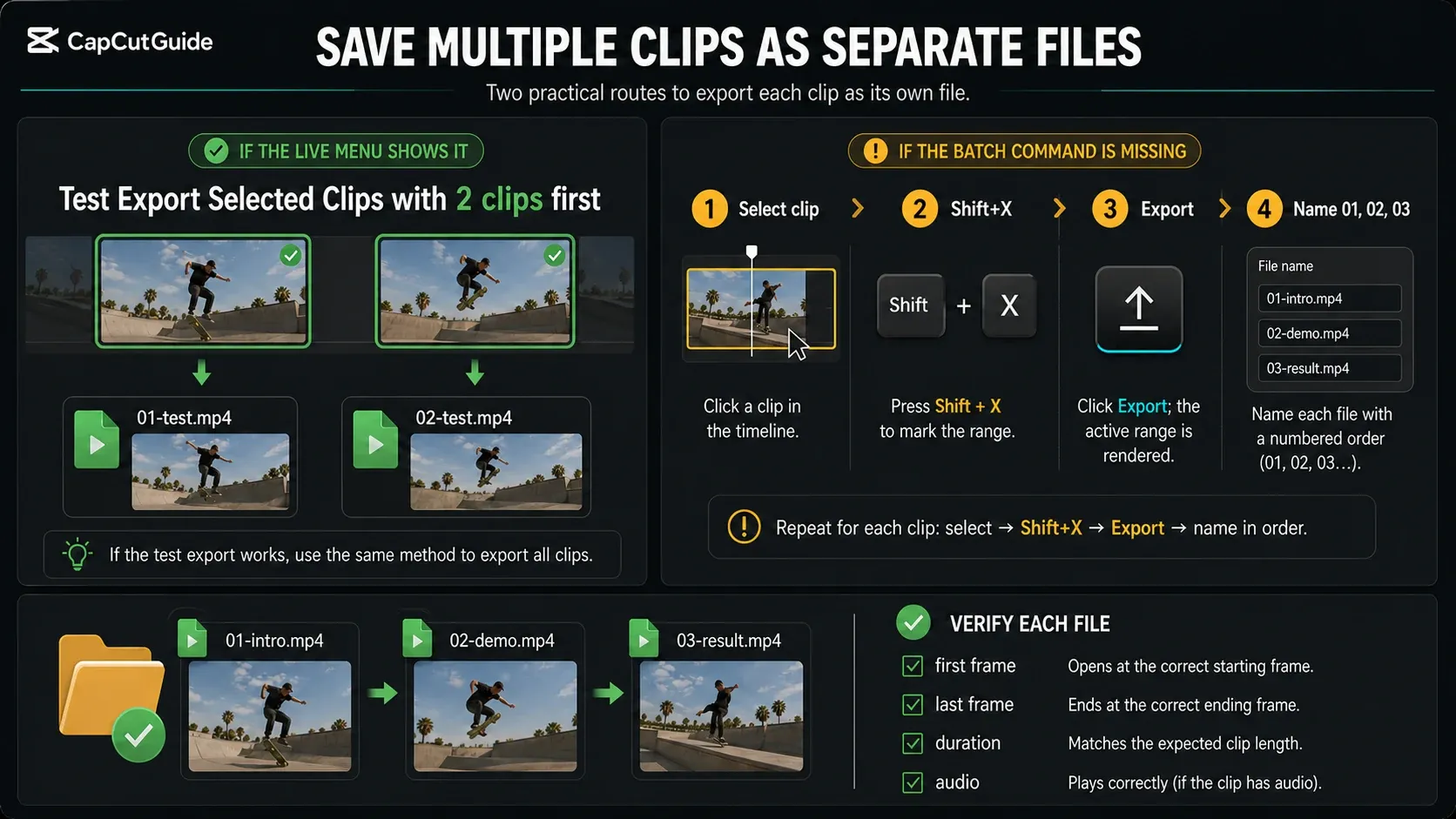 CapCut workflows for batch export when Export Selected Clips is present or missing
