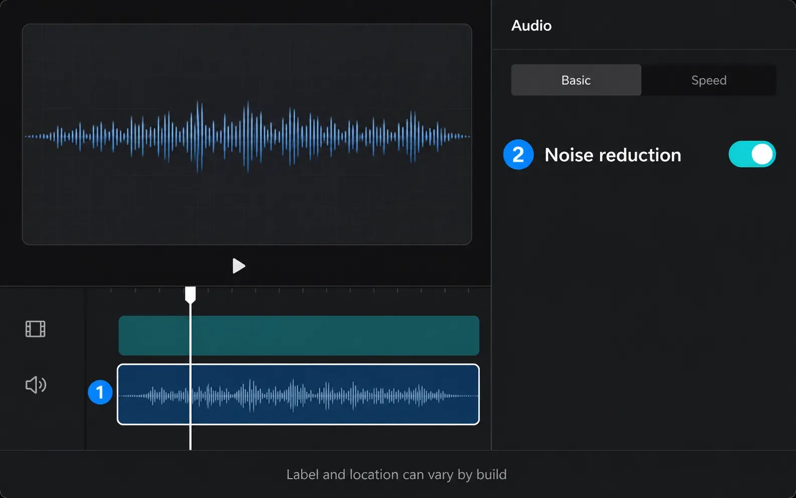 Selected CapCut audio clip and Noise reduction control enabled in the Audio panel