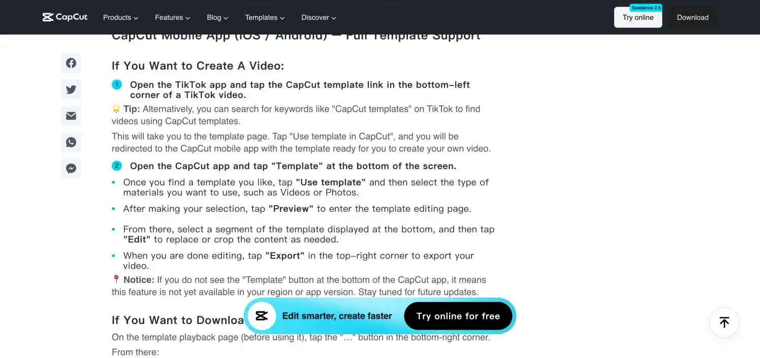 Official CapCut mobile template instructions for choosing media previewing cropping and exporting