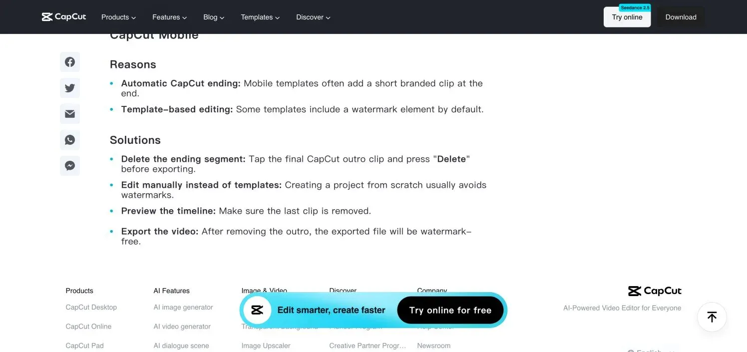 Official CapCut mobile watermark guidance for ending clips and template branding