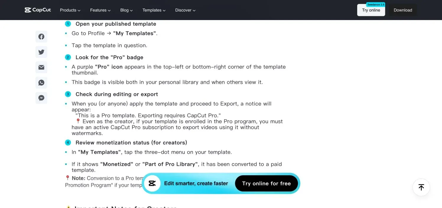Official CapCut paid template checks for a purple Pro badge and export notice