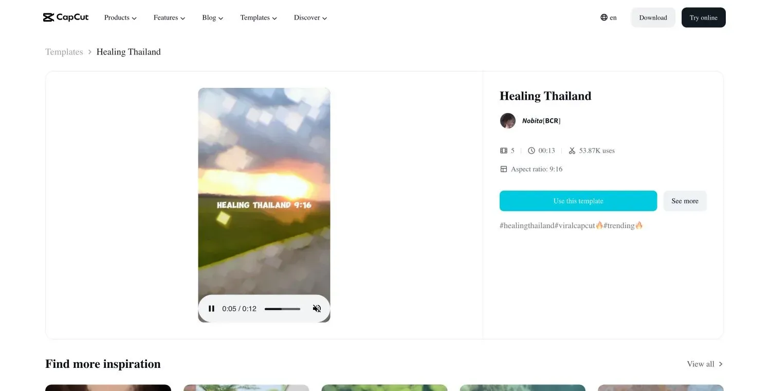 Official Healing Thailand CapCut page showing Nobita BCR five clips and 9:16 aspect ratio