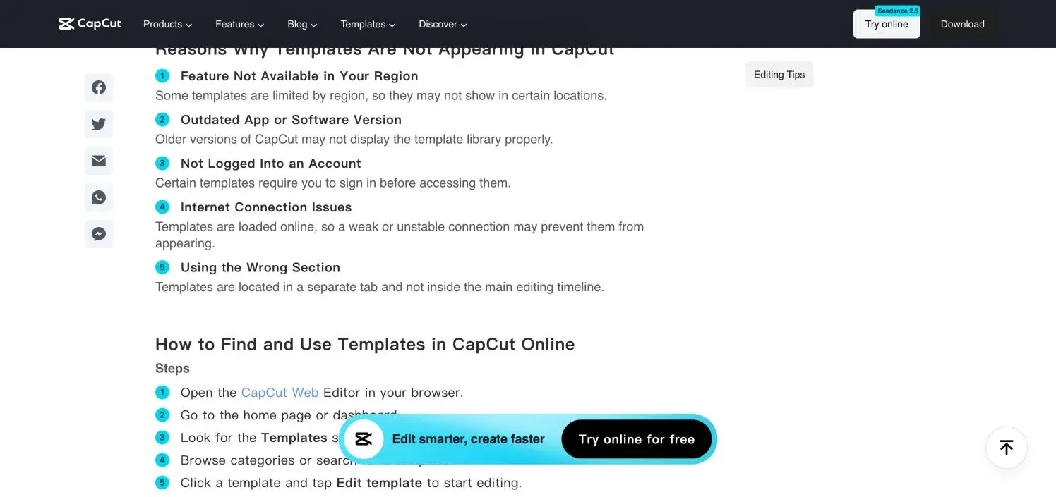 Official CapCut reasons for templates missing by region version account connection or navigation