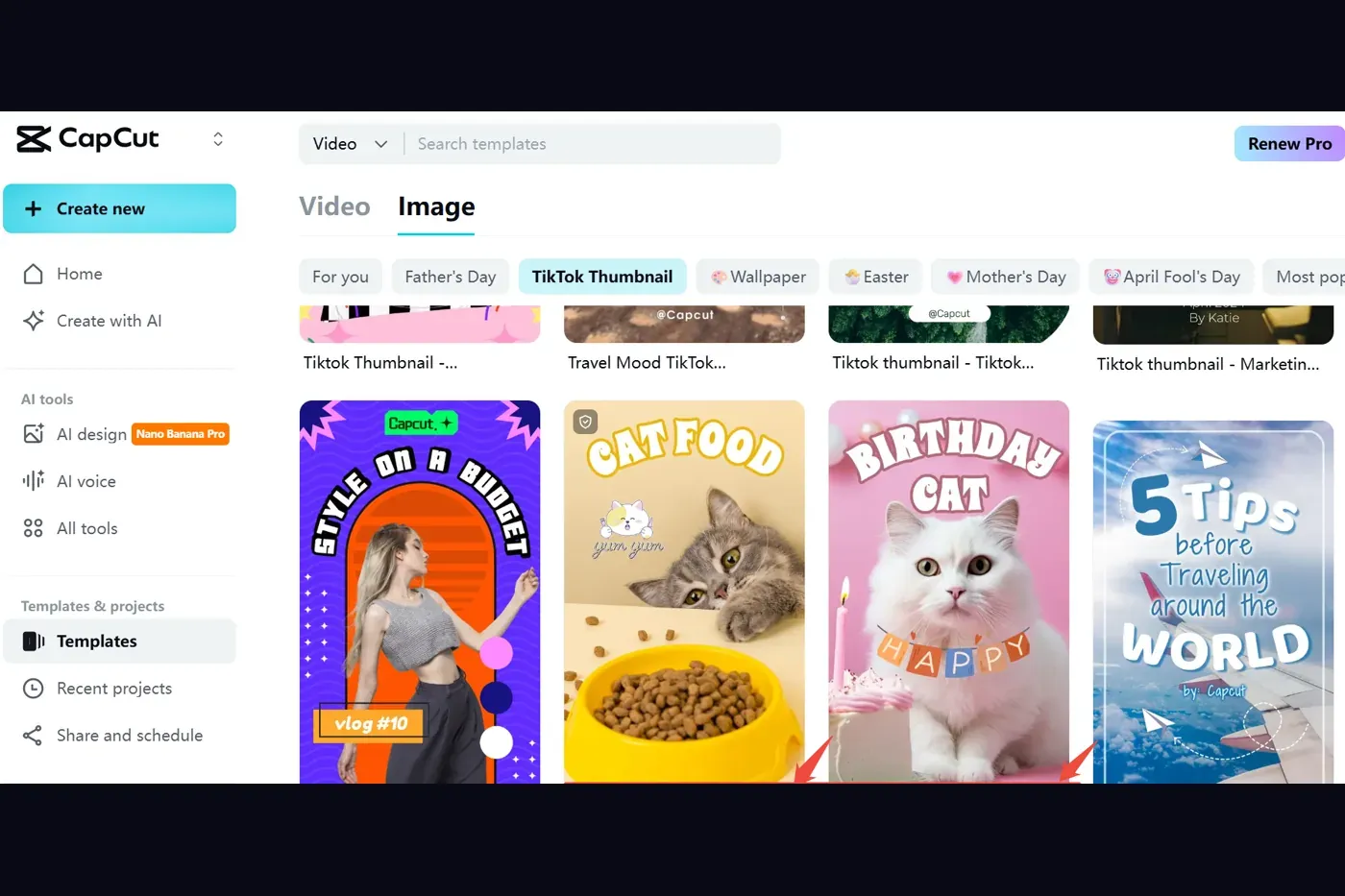 CapCut template gallery with crown badges marking paid templates
