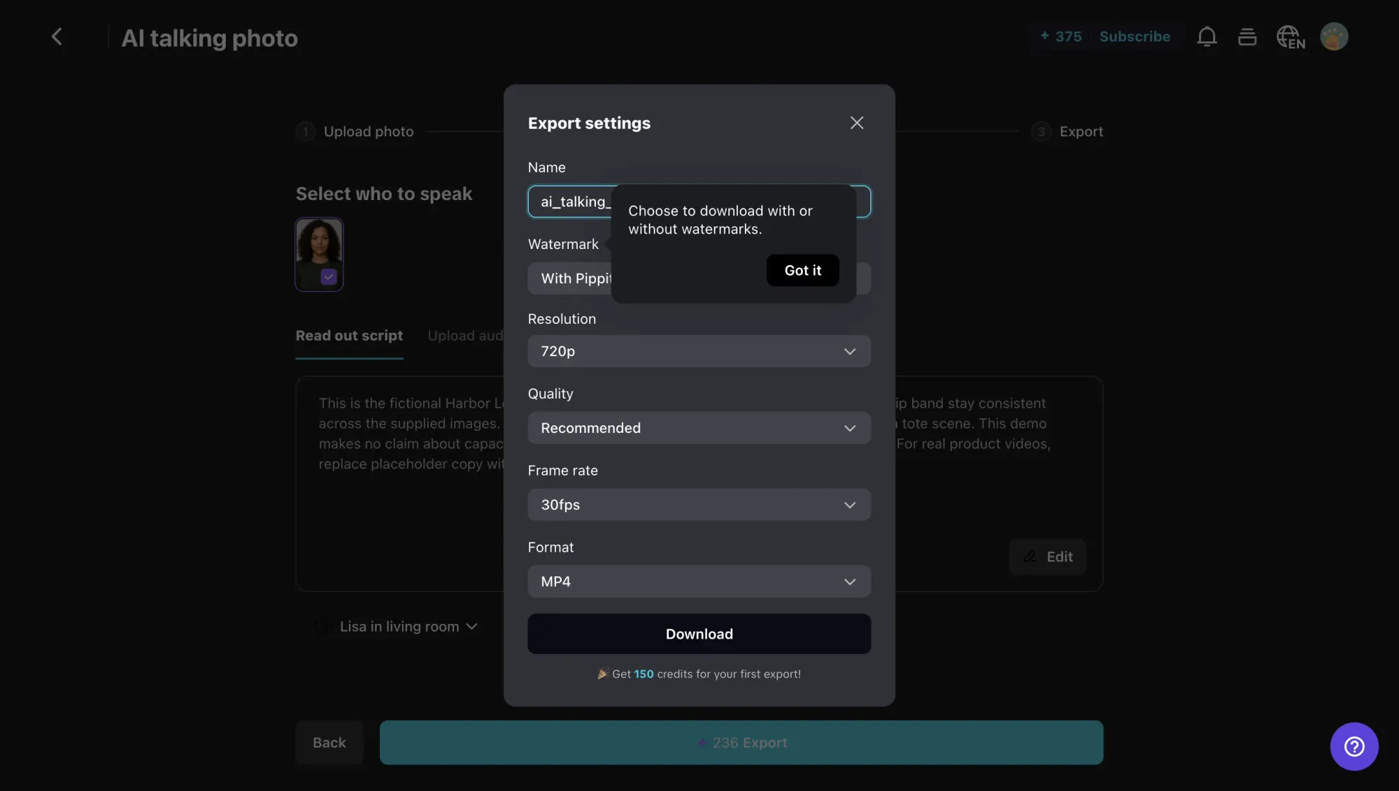 Pippit talking-photo export settings with MP4, resolution and frame-rate controls