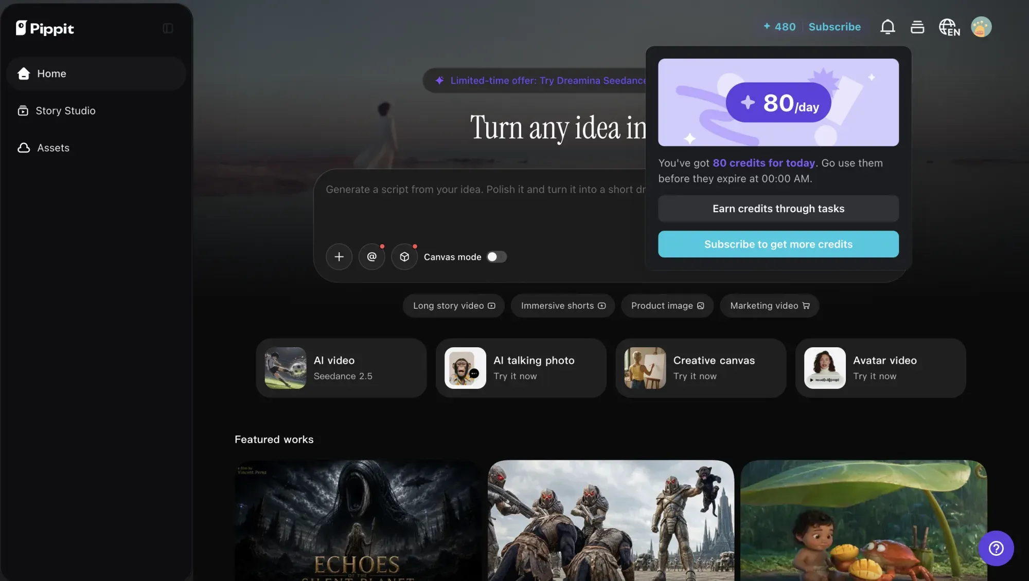 Pippit free account home showing 480 credits and 80 daily credits