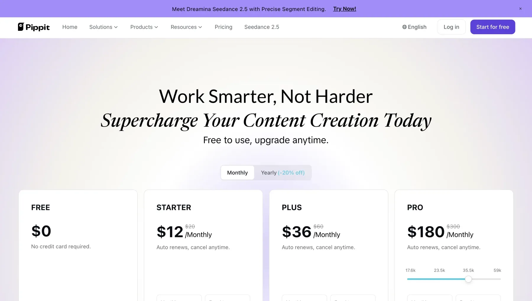 Pippit monthly pricing in USD for Free, Starter, Plus and a selected Pro tier