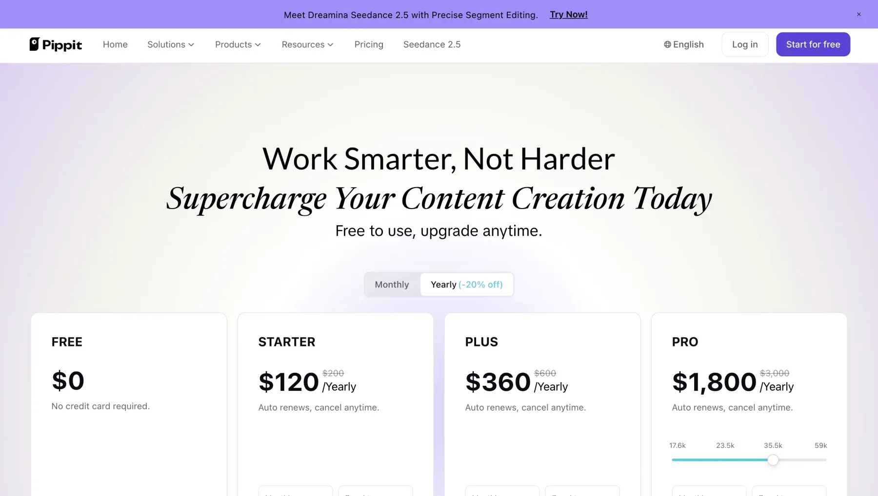 Pippit yearly pricing in USD for Free, Starter, Plus and a selected Pro tier