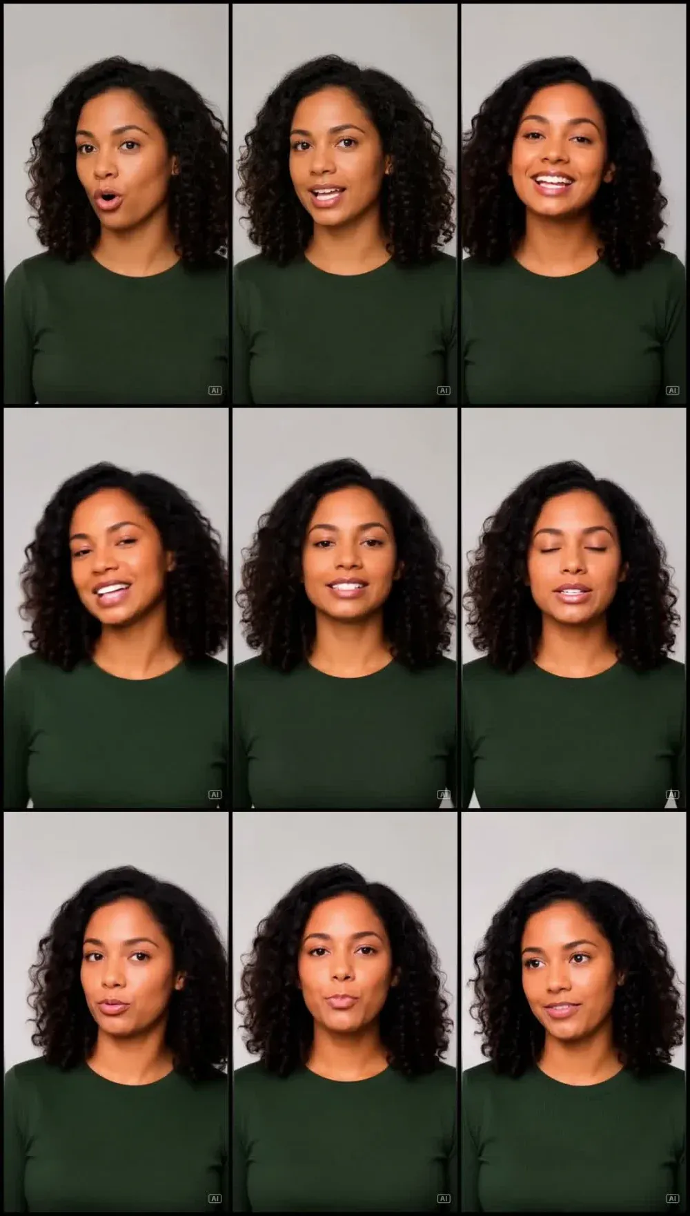 Nine sampled frames from the Pippit talking-photo output with the AI badge visible
