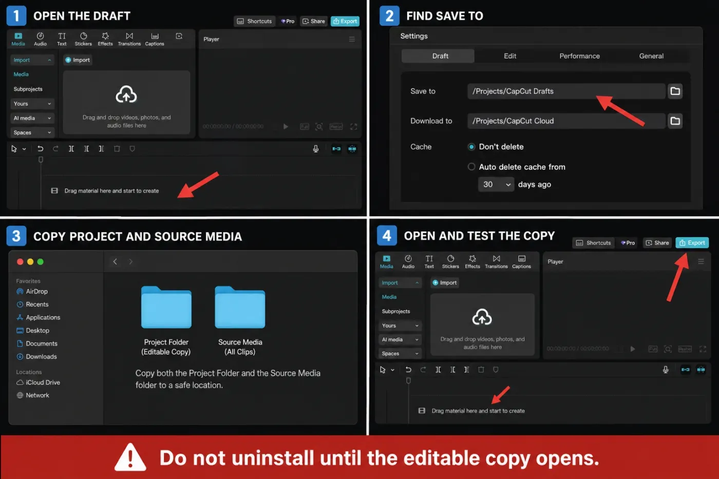Four-step CapCut project backup checklist before updating or uninstalling