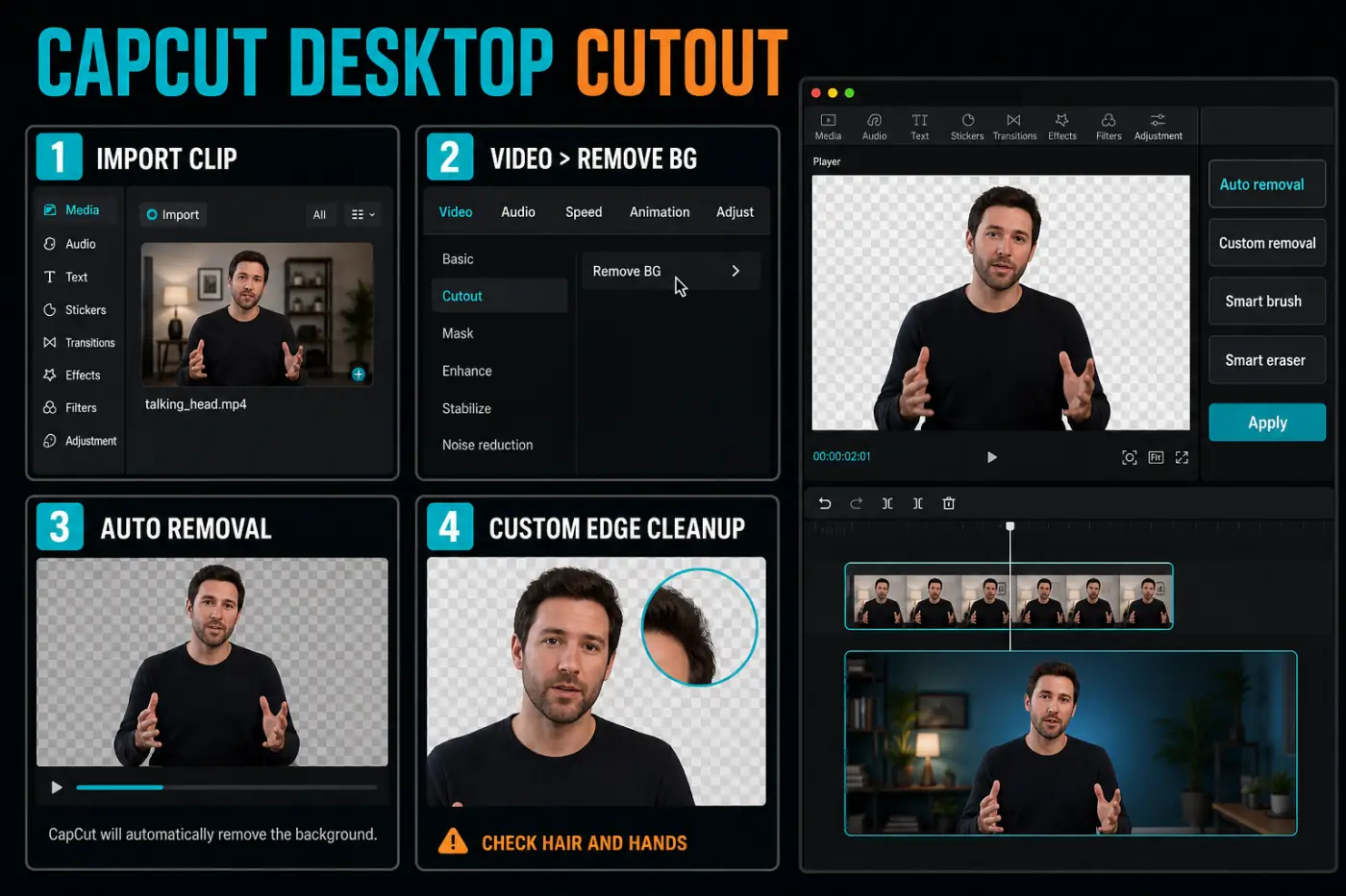 CapCut desktop workflow using Video, Remove BG, Auto removal, and Custom removal edge cleanup