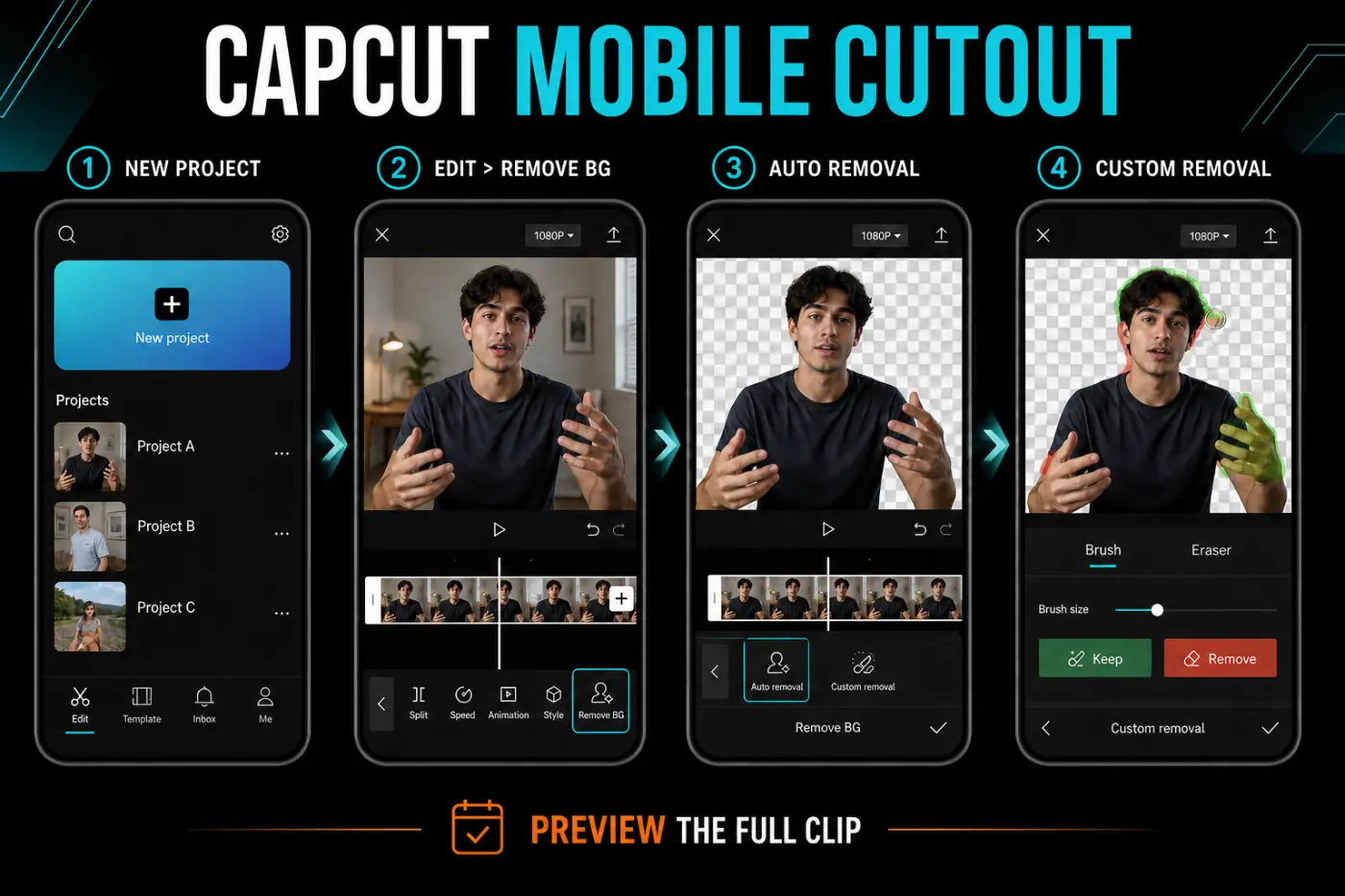 CapCut mobile background cutout workflow from a new project to Remove BG and background replacement