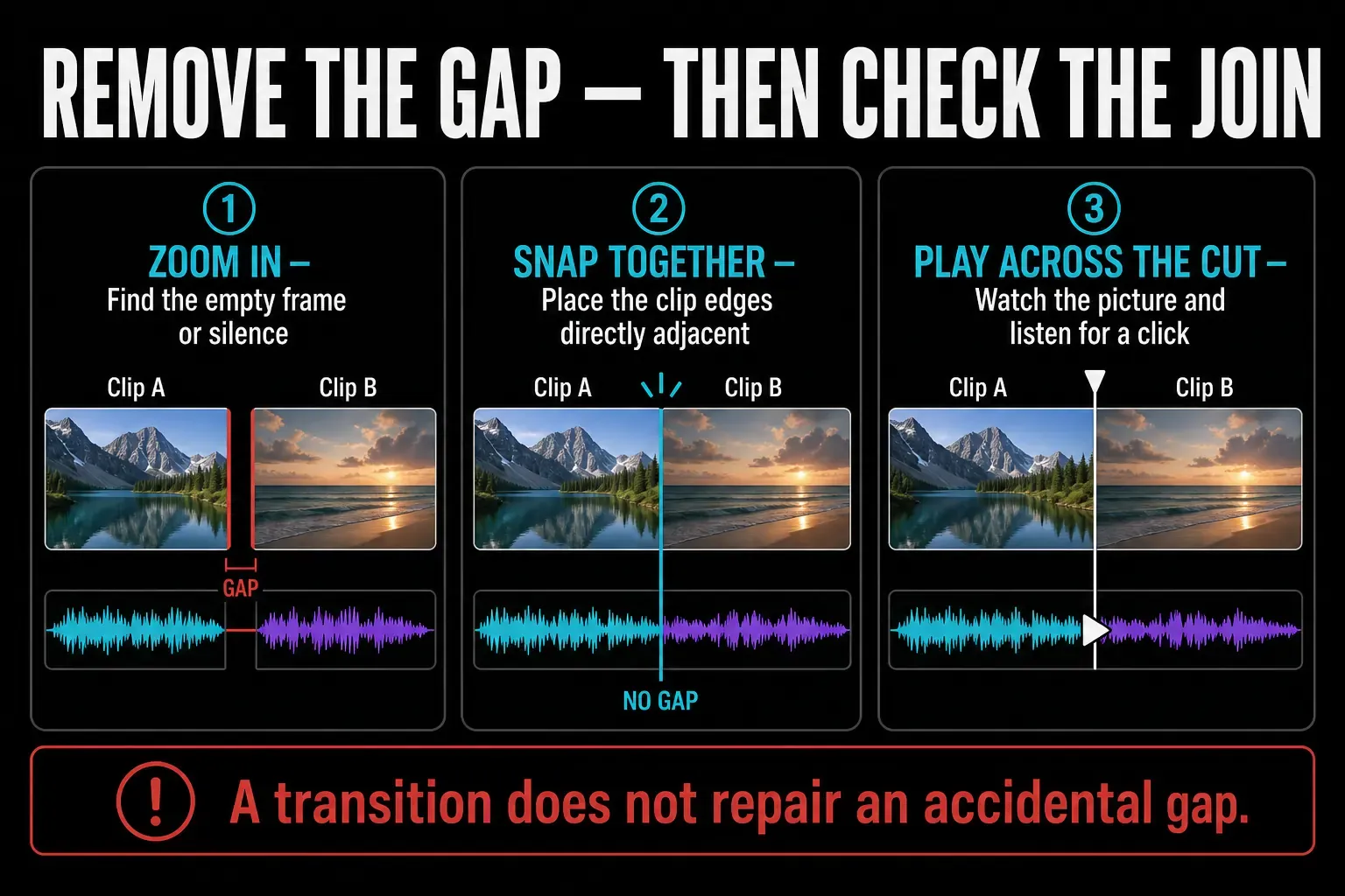 CapCut timeline gap removed before checking picture and audio across a clip join