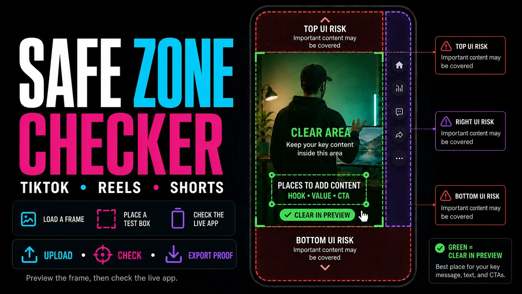 TikTok, Instagram Reels and YouTube Shorts safe zone checker with labelled UI risk areas