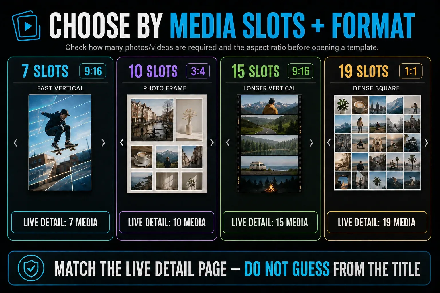 CapCut slideshow template choices for 7, 10, 15 and 19 media slots in vertical, square and 3:4 formats