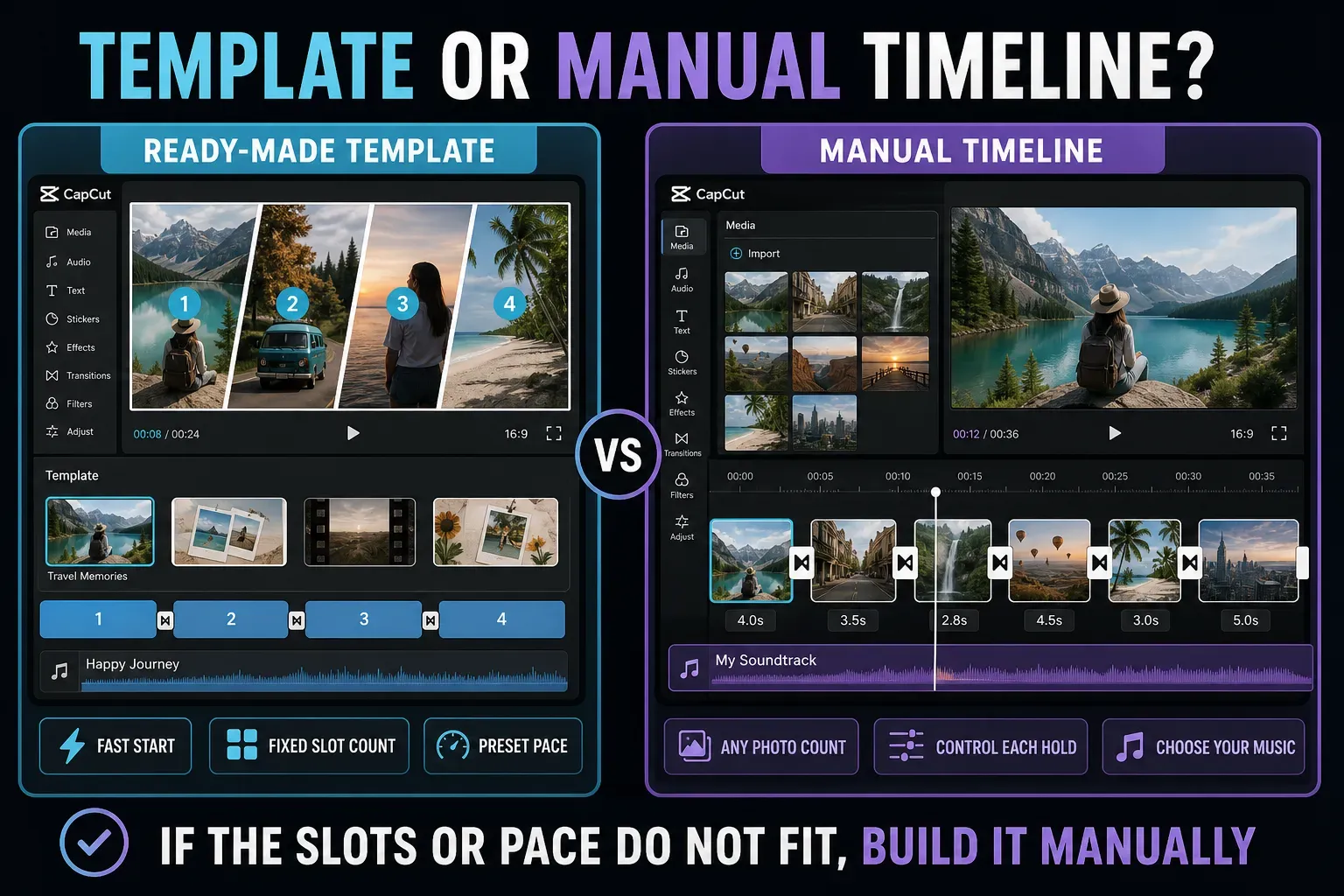 Ready-made CapCut slideshow template compared with a manually controlled photo timeline