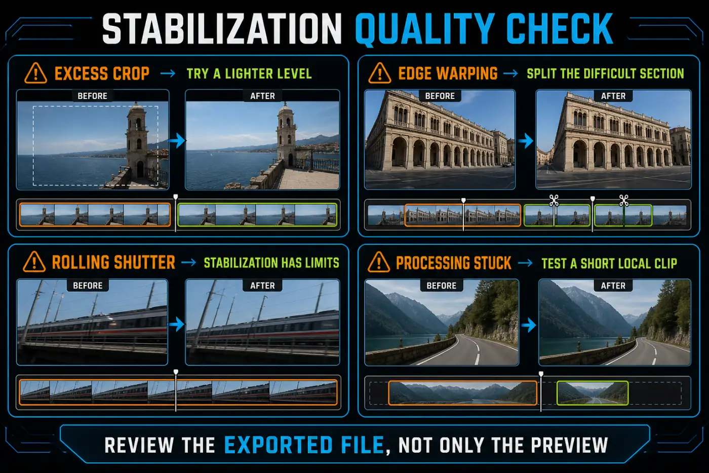 CapCut stabilization quality checks for excess crop, edge warping, rolling shutter, and stuck processing