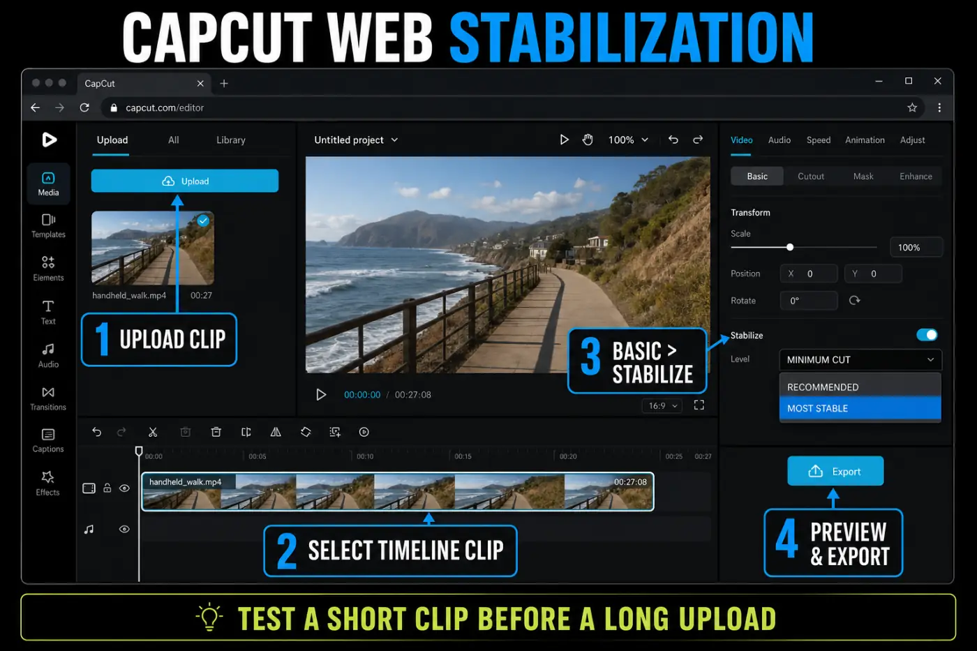 CapCut web stabilization workflow with upload, timeline selection, Basic, Stabilize, preview, and export