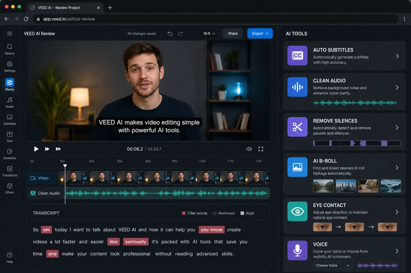 VEED AI editing tools for captions clean audio filler removal eye contact and B-roll