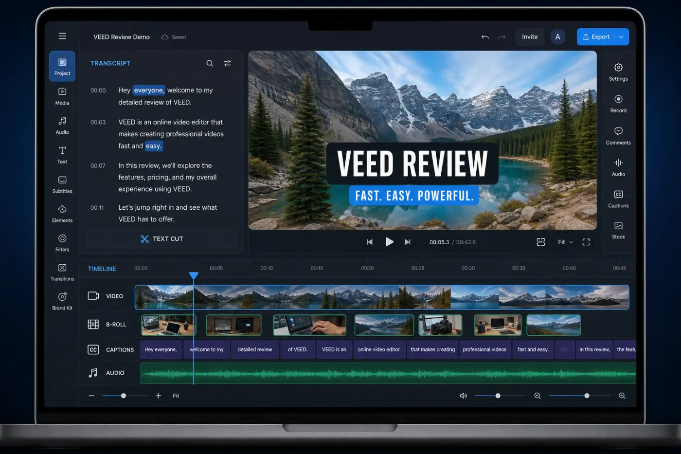 VEED browser timeline with transcript editing captions audio cleanup and layered video tracks