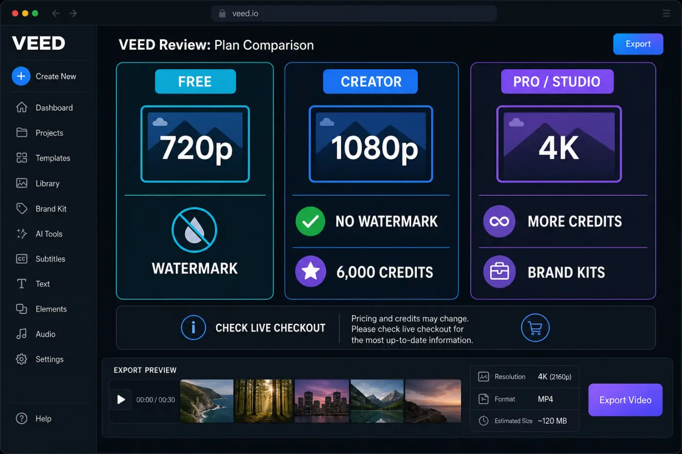 VEED Free Creator Pro and Studio plans showing watermark resolution and AI credit differences