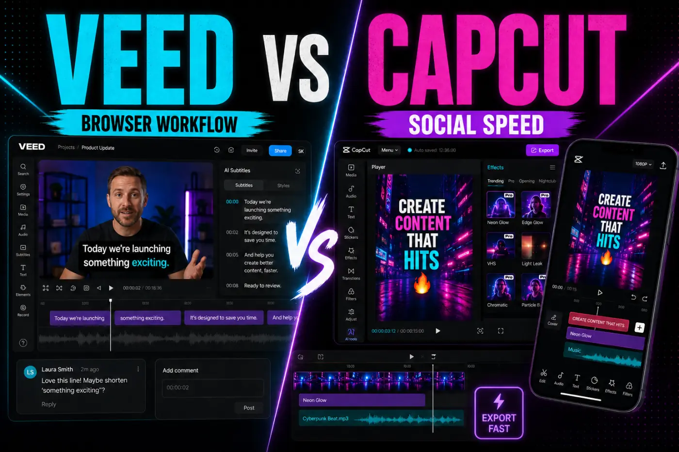 VEED browser video editor compared with CapCut mobile social editing workflow