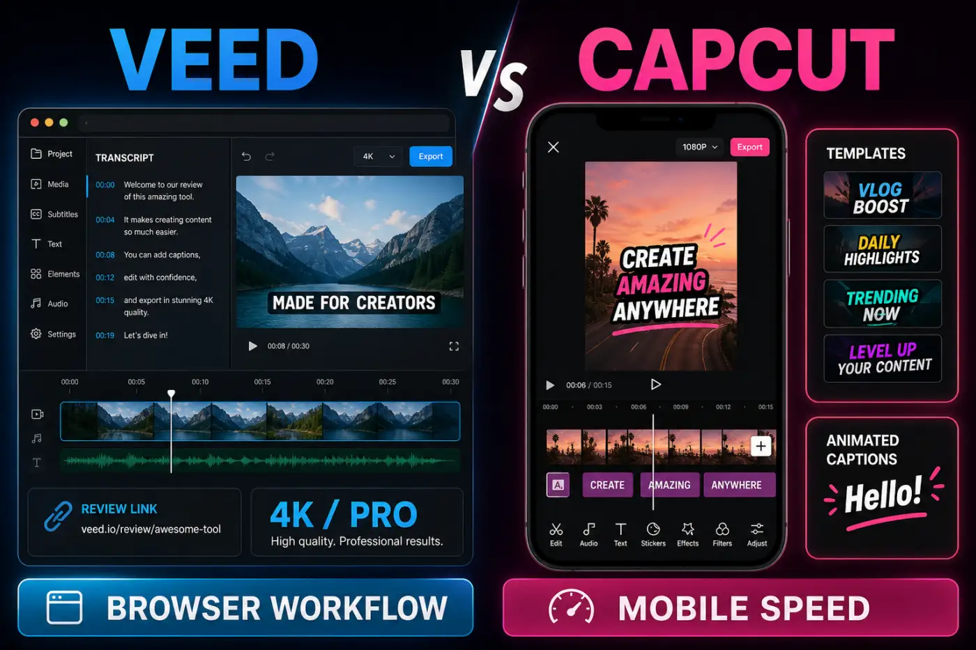 VEED browser workflow compared with CapCut mobile speed for captions templates and social publishing