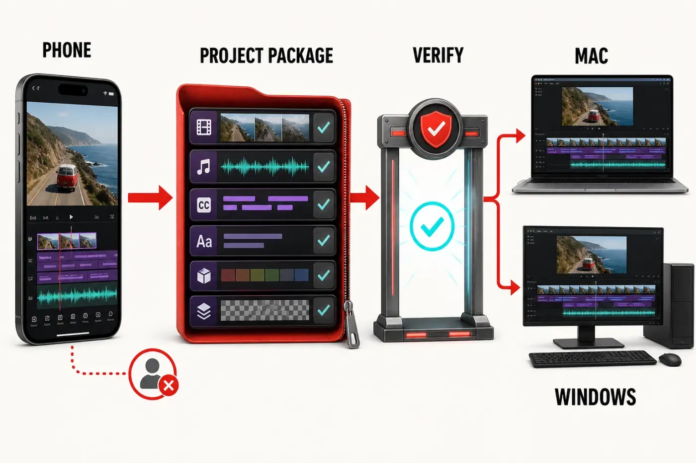 VN Video Editor project package handoff from phone to Mac and Windows with file verification