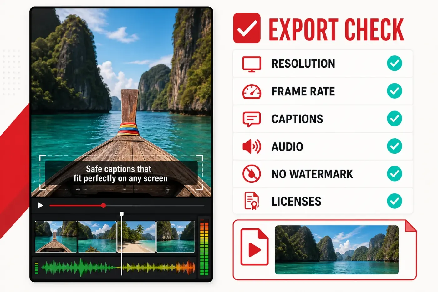 VN Video Editor export checklist for resolution frame rate captions audio watermark and licenses