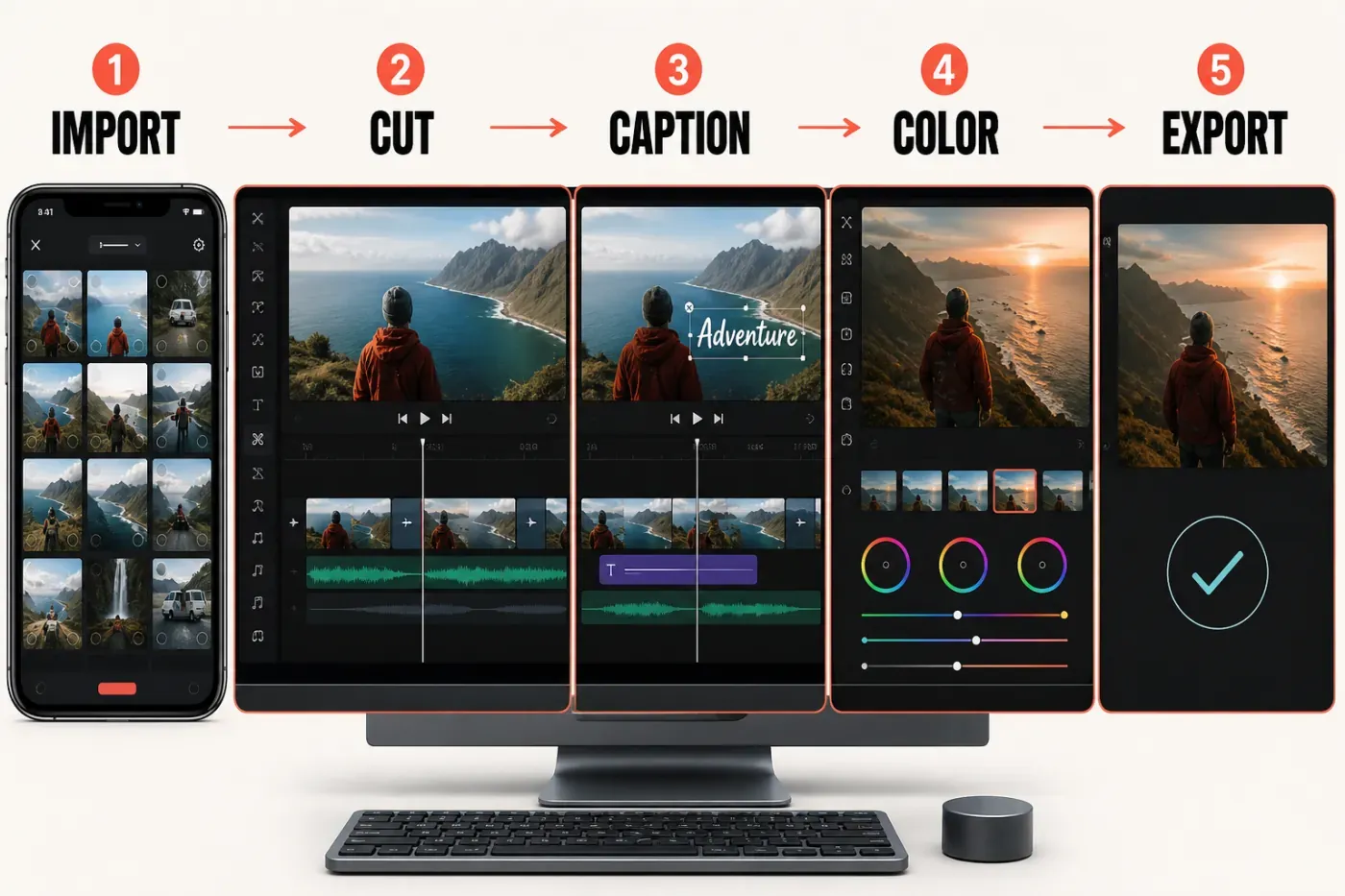 VN Video Editor workflow from media import through timeline editing captions color and clean export