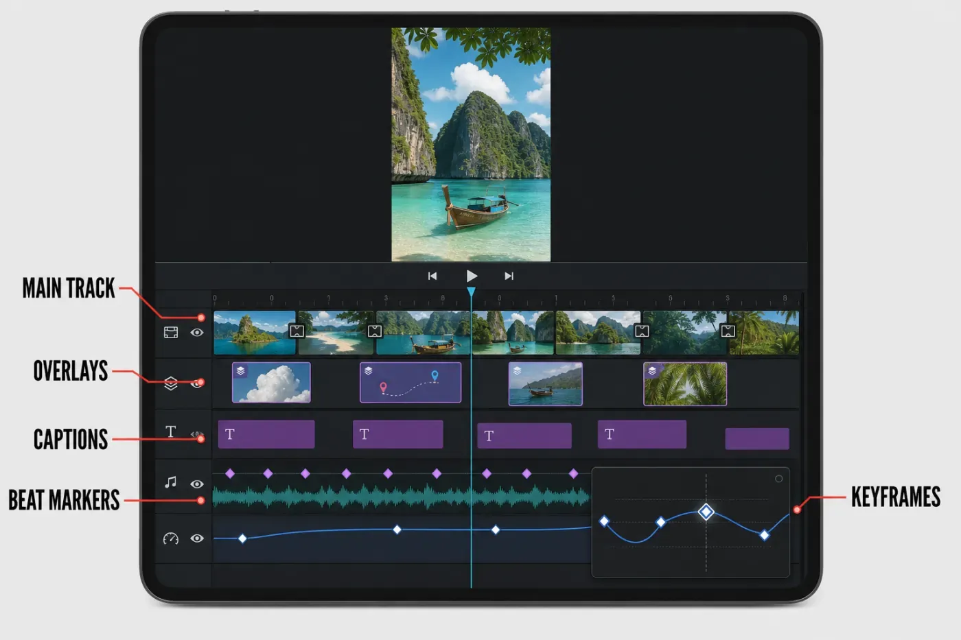 VN-style multi-track video timeline with overlays captions beat markers and keyframes