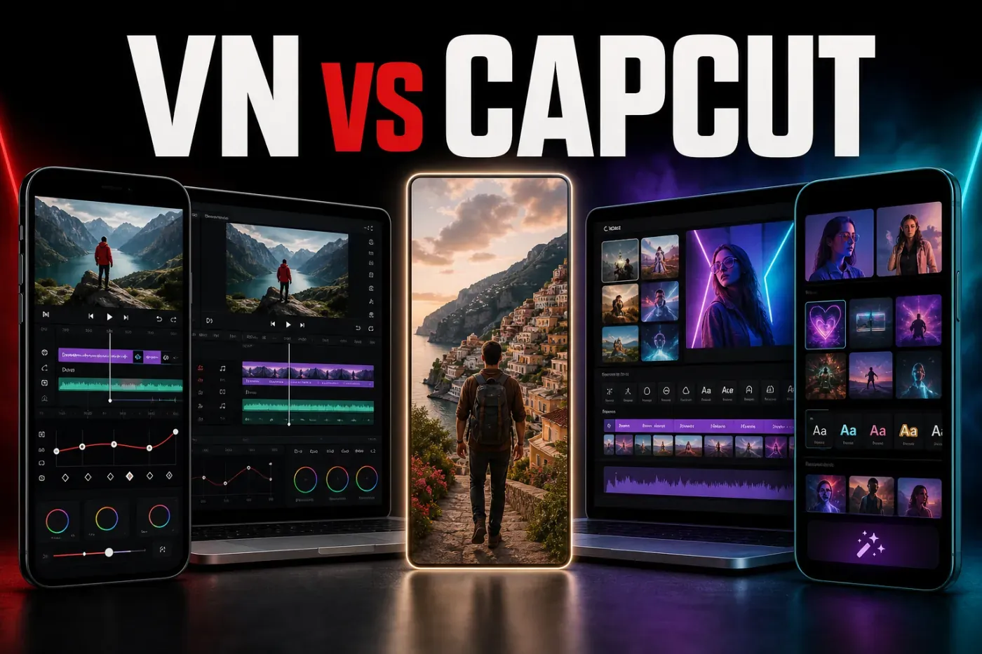 VN Video Editor manual mobile timeline compared with CapCut social templates