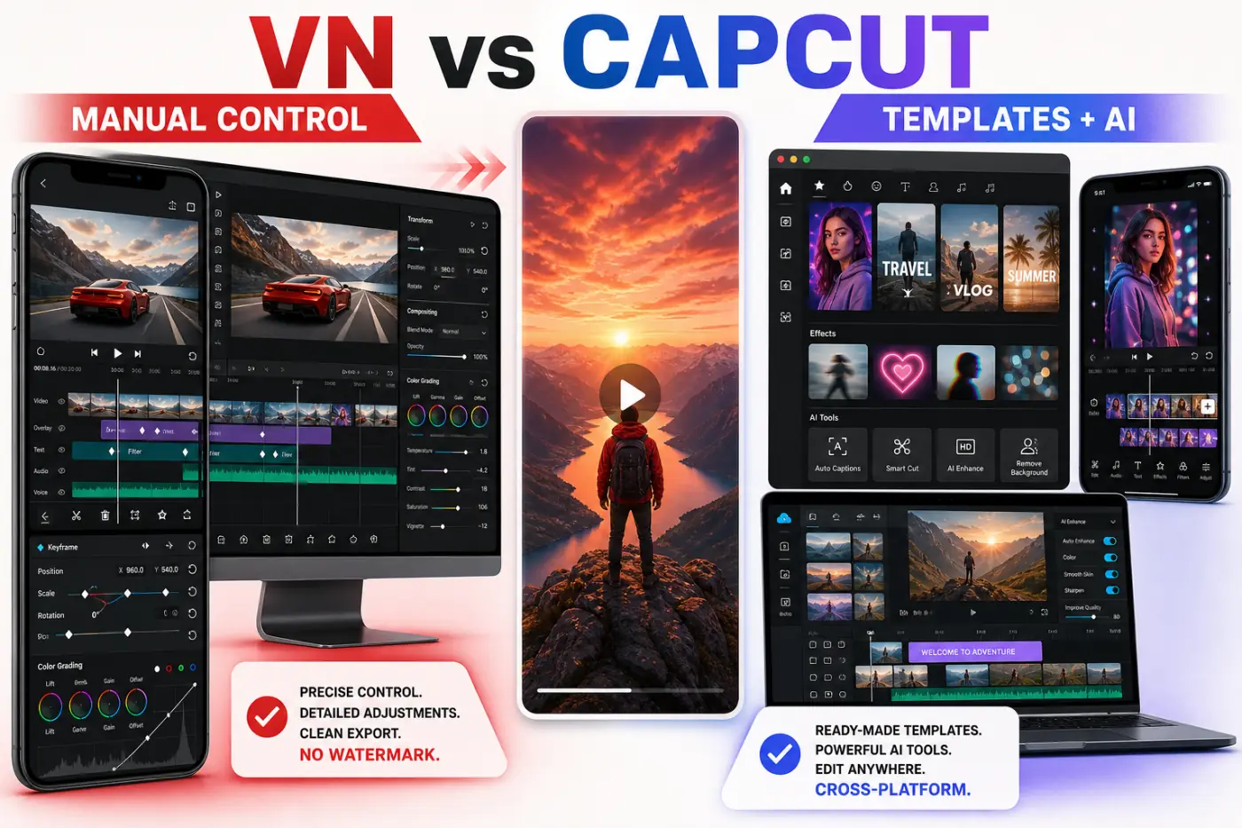 VN manual timeline control compared with CapCut templates AI tools and cross-platform editing