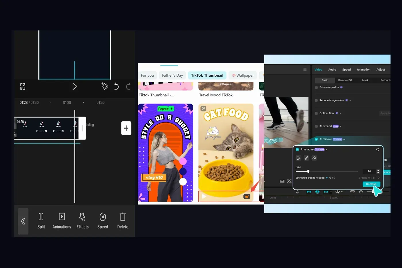 CapCut watermark diagnosis using ending clip paid template and AI Remove screens