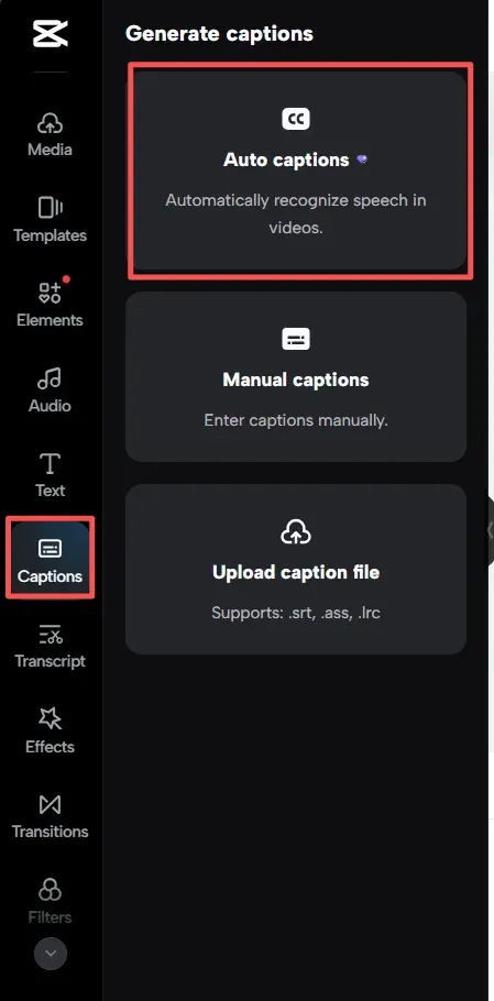 CapCut Web Captions panel with Auto captions, Manual captions and Upload caption file